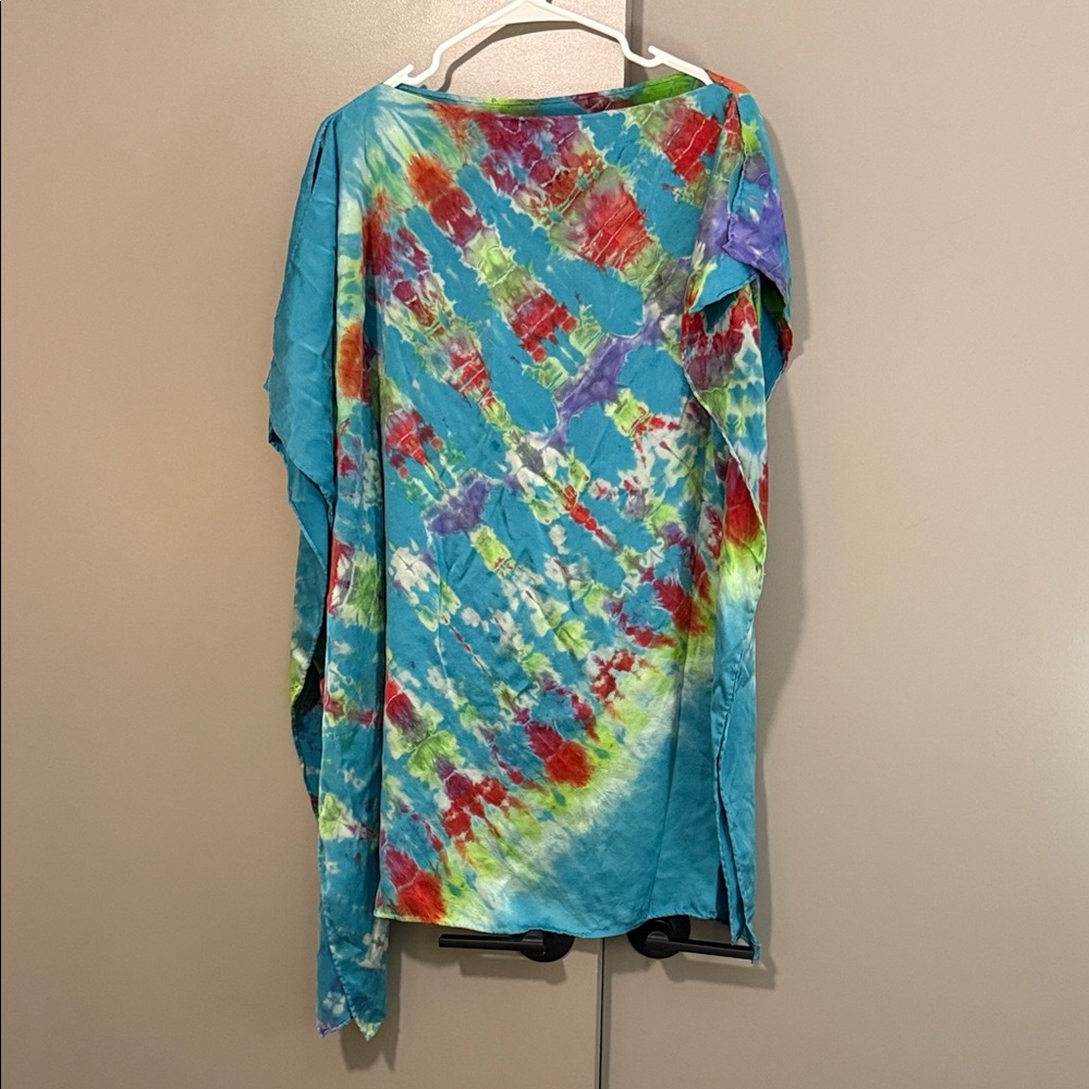 Colorful Silk Tie-Dye Women's Kaftan Poncho Top Size Small